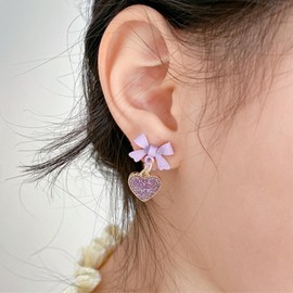 Wendalern Purple Heart Dangle Earrings Cute Bow Stud Earrings Heart Shaped Resin Drop Earrings Vintage Bow Tie Statement Earrings Everyday Jewellery for Women and Girls, Zinc, No Gemstone