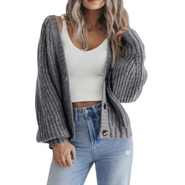 HOTOUCH Cardigans for Women UK Short Chunky Cardigan Long Sleeve Jumpers Open Front Ribbed Knit Lightweight Outerwear for Winter Spring Dark Grey L