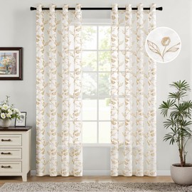 Woaboy Curtains Taupe Leaves Pattern Voile Curtains with Eyelets Living Room Transparent Eyelet Curtain Sheer Voile Curtains for Bedroom Set of 2 140 x 225 cm (W x H)