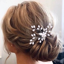 Heread Opal Crystal Bride Wedding Hair Pins Silver Flower Bridal Head Piece Leaf Hair Accessories for Women and Girls