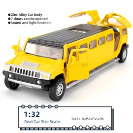 BGHSCA 1/32 Hummer H2 Car Model, Diecast Car Toy with Sound and Light, Alloy Stretch Sedan Pull Back Toy Vehicle for Adults Children Boys Girls (Yellow)