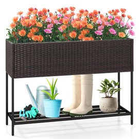 HAPPYGRILL Elevated Planter Box, Raised Garden Bed w/Rattan Surface, Bottom Storage Shelf, Removable Liner, Drainage System, Wicker Planting Bed w/Legs for Vegetables Flowers (40” x 12” x 28”)