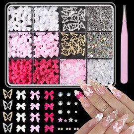 3D Bow Nail Charms and Rhinestones, Pink Color Acrylic Bows for Nails Alloy Butterfly Nail Charms, Silver Gold Butterfly Nail Charms Bow Tie Flowers Charms for Nails Y2K DIY Nail Art Accessories