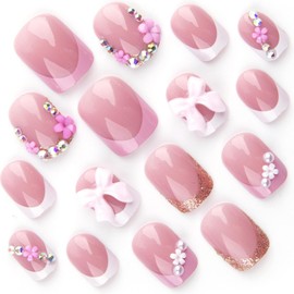 Spring Press on Nails Square Short Fake Nails with 3D Flower Rhinestones Bow Designs Pink White French Nails Press ons Glossy Glue on Nails Nude Acrylic Nails Glitter Stick on Nails for Women 24Pcs