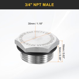 sourcing map 304 Stainless Steel Pipe Plug Fitting 3/4" NPT Male Thread Outer Hex Head Cap Hexagonal Head Bung Plugs Fittings with Sealing Rubber Ring for Air Water Oil Gas Tube