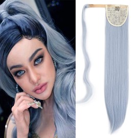 Gairyan 60 cm Straight Ponytail Extension, Wrapped Hair Extension, Ponytail Hairpiece, Braid Extensions, Straight, Long, Synthetic Hair Braid Hairpiece, Synthetic Hair for Women (Silver Grey)