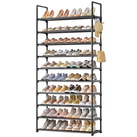 Kitsure Shoe Rack for Closet - 10-Tier Shoe Organizer with Hook Rack, Large-Capacity & Space-Saving Shoe Shelf for Entryway, Bedroom, Living Room,32.2" x 11.8" x 68.5", Black