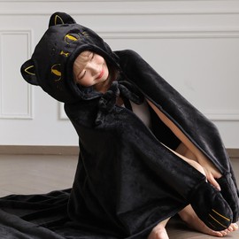 LAVASEON Wearable Blanket, Blanket, Cute, Cat Ears, Pajamas, Hooded, Gloves, Open Front, Unisex, Cape Style, Flannel Fabric, Warm, Fluffy, Fluffy, Thick, Washable, Nap Blanket, Room Wear, Cold