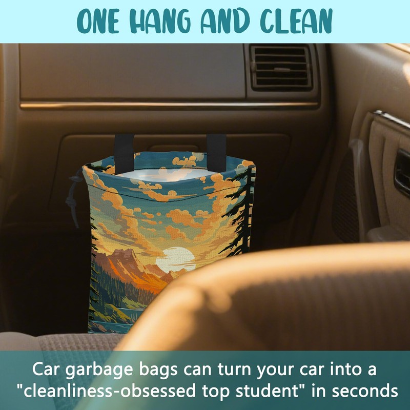 KXWQTRDD Car Garbage Bag Mountain Lake and Sunrise Drawstring Car