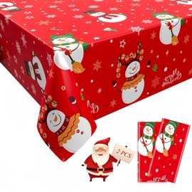 2 Pack Plastic Christmas Table Cloth Rectangular 54 x 108 inch Large Red Snowflakes Snowman Party Table Cloth Disposable Christmas Tablecloth Xmas Table Cloth for Kids Christmas Party Table Cover