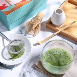 ZENRC Ceremony Matcha Tea Set - Bamboo Tea Tray- Japanese Matcha Whisk (Chasen) - Scoop - Spouted Bowl (Chawan)- Whisk Holder - Matcha Sifter- Tea Towel - The Perfect Matcha Kit…