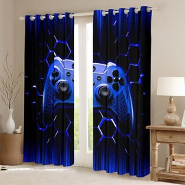 Manfei - Cortinas de ventana con diseño de panal de abeja, color azul, con mando de juego geométrico, para niños, adolescentes, modernos tratamientos de ventana para jugadores, juego de 2 paneles con ojales en la parte superior, 38 pulgadas de ancho x 54