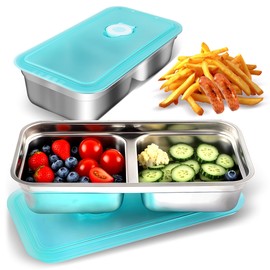 2Pcs Stainless Steel Snack Containers Reusable Snack Container with Lids Double Compartment Food Containers Box for Kids Grab and Go Condiment Lunch Meal Container Prep for Travel School Dinner Office