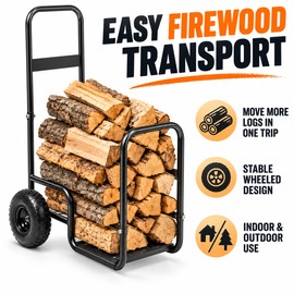 Heavy Duty Firewood Log Cart with Wheels, 250 lb Capacity Steel Wood Rack & Log Carrier for Indoor Outdoor Fireplace and Fire Pit