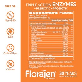 Florajen Enzimas digestivas con probióticos y prebióticos, fórmula de triple acción para la salud intestinal, el alivio de la hinchazón y los gases,  