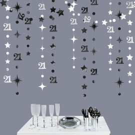 Silver Black 21st Birthday Decorations Number 21 Circle Dot Twinkle Star Garland Metallic Streamer Banner Backdrop for Girls Boys Cheers to 21 Years Finally Legal Bday 21st Anniversary Party Decor