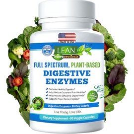 LEAN Nutraceuticals Digestive Enzymes for Gut Health C Bloating & Gas Relief Supplement C IBS Support, Probiotic-Infused Enzyme for Women & Men C Breaks Down Dairy, Carbs & Fats C Keto & Paleo Friendly C 90 Capsules