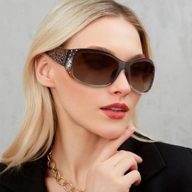 TJUTR Polarised Sunglasses Womens with UV400 Protection Wraparound Shades with Rhinestone Design and Wave Pattern Temple for Driving, Hiking & Travel