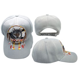 Native Pride Indian American Dreamcatcher Wolf Grey Gray 100% Polyester Adjustable Embroidered Baseball Cap Hat