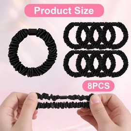 8 Pack Mulberry Silk Skinny Scrunchies, Pure Silk Satin Scrunchy Hair Ties for Women, No Damage Elastic Scrunchies Hair Bands Ponytail Holders Accessories - Black