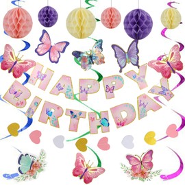 GENHH Birthday Decoration Set - Purple Happy Birthday Banner, Butterflies Hanging Decoration, Honeycomb Ball Garland for Women Girls - Ideal Birthday Party Decoration