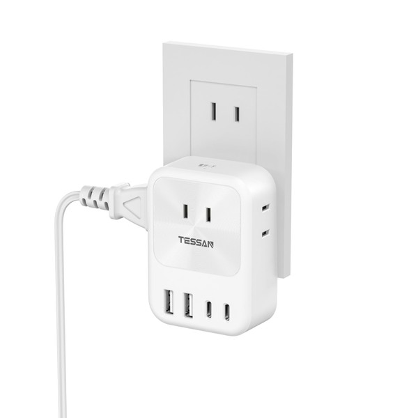 USB-C Power Strip with USB-C, Outlet Tap, TESSAN 3 AC Outlets, 2 USB-A Ports, 2 Type-C Ports, Octopus Outlet, Branch, USB Charger, USB Tap, Direct Plug, Multi-Tap, Lightning Guard Included, Small and