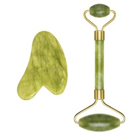 Jade Roller for Face and Gua Sha Set, Jade Roller, Gua Sha Massage Set, Face Roller for Eye Puffiness Treatment, Skin Tightening, Rejuvenate Face & Neck, Natural Green Slimming Massager (Roller-2)