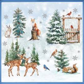 Mfault Winter Forest Animals Window Clings, Woodland Reindeer Fox Squirrel Bunny Birds Pine Tree Stickers Decals Decorations, Christmas Snowflake Farmhouse Rustic Home Living Room Kitchen Decor