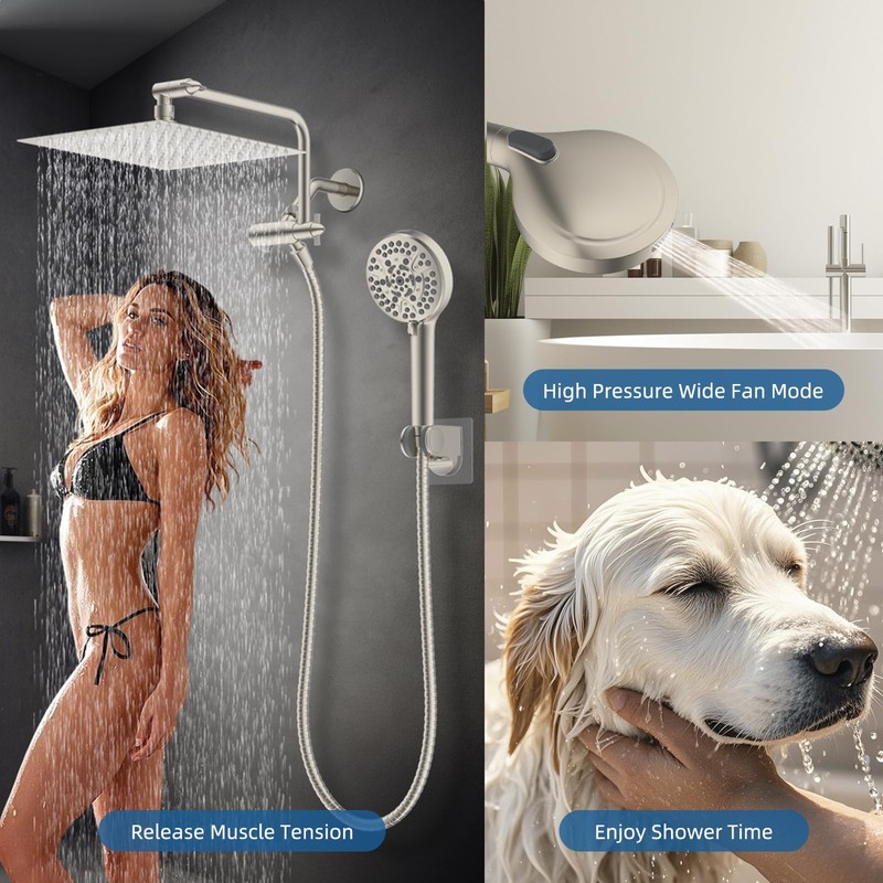 12" All Metal Shower Head, High Pressure 10-Spray Handheld Showerhead