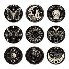 ANATTASOUL 9 Pcs Moon Phases Magic Pattern Wood Coasters, 10cm Art Round Coasters Craft Supplies for Drinks Absorbent Kitchen Dining Room Decoration