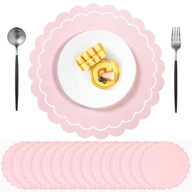 50 Pcs Pink Disposable Paper Placemats, Scalloped Round Table Place Mats