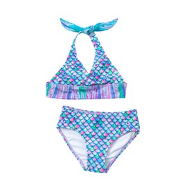 Sun Tails Mermaid Swimsuit - Girls Bikini Set - Matching Scale Colors (Child Large 8-10, Aurora Borealis)