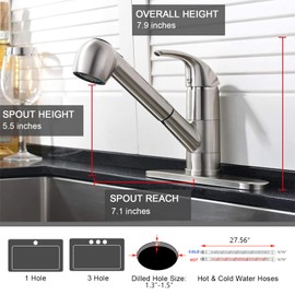 UFAUCET Kitchen Faucet with Pull Out Sprayer, Low Profile Stainless Steel Single Handle Brushed Nikcel Utility Laundry Sink Faucet 1 or 3 Hole Grifo De Cocina
