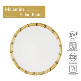UPware Bamboo Melamine Salad Plate Set, Round Plates with Bamboo Edge for Risotto, Pasta, and Salad, BPA-Free, Dishwasher Safe, White, 9 Inch, Set of 6
