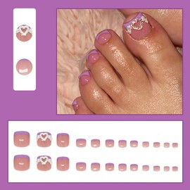 24 Pcs Purple French Press On Toenails YEFIUO Acrylic Fake Toe Nails Press ons Nail Art with Heart Rhinestones Flowers Design Full Cover Glossy False Nails Glue on Toe Nails Stick on Nails for Ma'am
