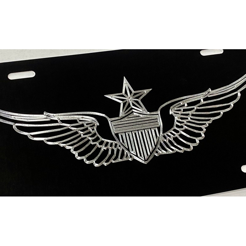 Engraved Senior Army Aviator Wings Car Tag Black & Silver
