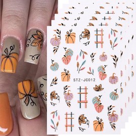 Fall Pumpkin Nail Art Stickers Decals 6PCS Autumn Maple Leaf Nail Decals 3D Self-Adhesive Glitter Nail Stickers Pumpkin Leaf Line Design Thanksgiving Day Nail Decorations for Women Manicure Decoration