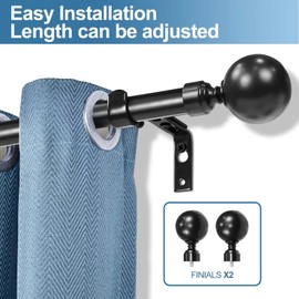 Urbanest 1-inch Diameter Steel Ball Adjustable Single Drapery Curtain Rod, 28-inch to 48-inch, Black