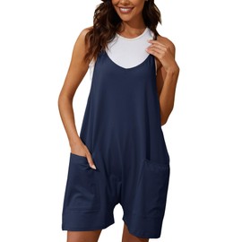Muchpow Women's V Neck Sleeveless Romper Summer Casual Loose Spaghetti Strap Short Overalls Jumpersuit with Pockets, Navy, Large