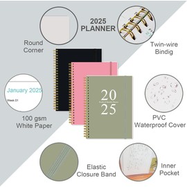 (3-Pack) Planner 2025 - A5 Weekly & Monthly Planner Spiral Bound, January 2025 - December 2025, 2025 Planner with Flexible Cover, Tabs, Inner Pocket, 6.4" x 8.5"