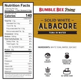 Bumble Bee Prime Solid White Albacore Tuna in Water, 5 oz Can - Premium Wild Caught Tuna - 32g Protein per Serving - Non-GMO Project Verified, Gluten Free, Kosher