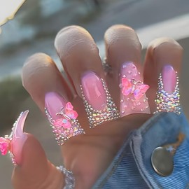 FIEONCIY Press on Nails Duck Shaped Glossy Full Cover Acrylic French False Nails with Designs Artificial Medium Duck Fake Nails with Charms Glue ons Fingernails for Women Girls(D179)