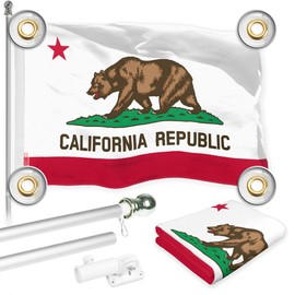 G128 Combo Pack: 6 Ft Aluminum Spinning Flagpole (Silver) & California CA State Flag 3x5 Ft, LiteWeave Pro Series Printed 150D Polyester, 4 Corner Brass Grommets | Pole with Flag Included