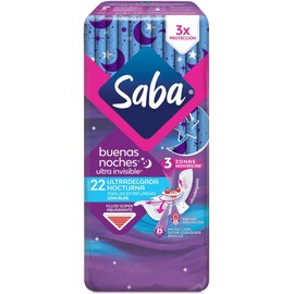 Saba Ultra Invisible Buenas Noches, Toallas Nocturnas Con Alas, Flujo Súper Abundante, 22 Pzs, Grande + Protectores Diarios Largo 90 Piezas