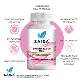 Biotina 10,000 mcg + Colageno Hidrolizado + Acido Hialurónico + Citrato de Magnesio | Saisa Herbal | 100 Cápsulas | Suplemento Alimenticio Calidad Premium | Cabello, Piel, Uñas y Articulaciones