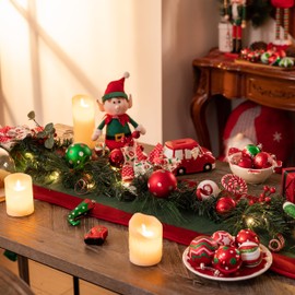 Valery Madelyn 6 feet Pre-Lit Christmas Garland with Lights for Mantle, Lighted Battery Operated Xmas Garland with Red Green White Balls for Front Door Fireplace Table Centerpiece Outdoor Home Decor