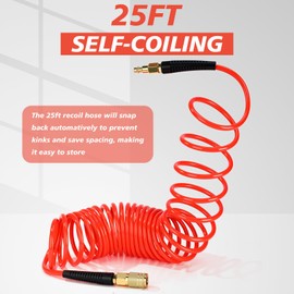 Flutesan 6 Pack 1/4 in x 25 ft Polyurethane Recoil Air Hose Air Compressor Hose Flexible Coil Line with Bend Restrictor 1/4" Industrial Quick Coupler and Plug for Household Garage Station(Orange)