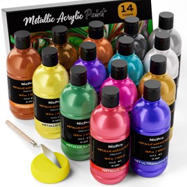 Nicpro 20 Colors Metallic Acrylic Paint Set, 8.45 oz (250 ml) Large Acrylic Paint Bulk, Metallic Finish Suitable for Multi Surface Canvas, Rock, Wood, Leather, MDF, Metal and Crafts
