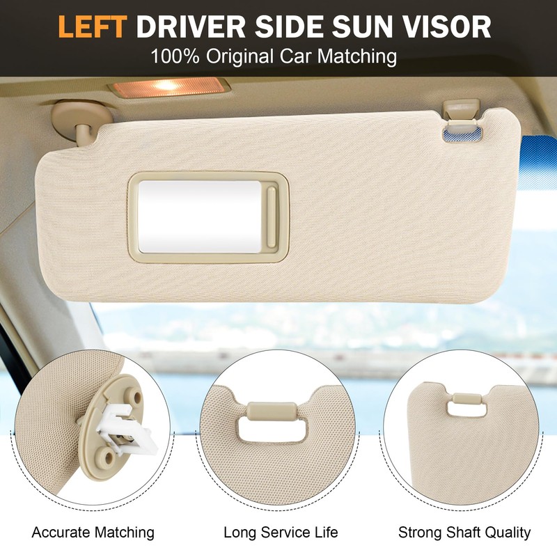 Left Driver Side Beige Sun Visor with Vanity Light Fit