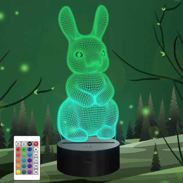 CooPark Rabbit Bedside Light for Kids, Bugs Bunny 3D Hologram Illusion Night Lamp LED Remote Control 16 Color Changing, Best Christmas Easter Birthday Gift for Child Baby Girl